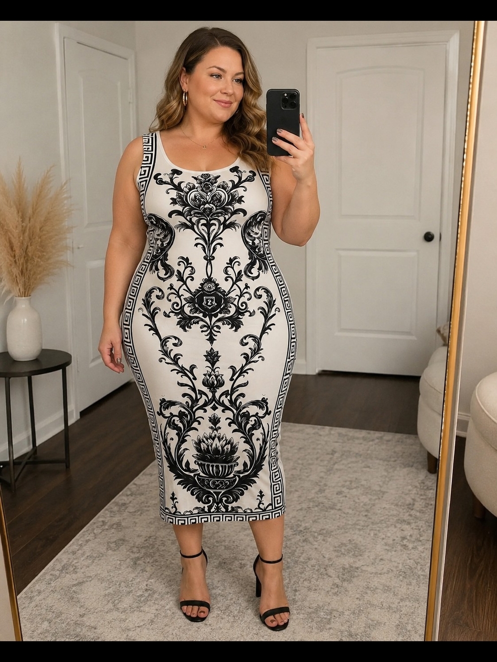 Sleeveless Black Baroque Greek Print Bodycon Dress White/Black Approx 14/16 New